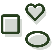 Tre forme geometriche: un quadrato, un cuore e un ovale, tutti in verde scuro con effetto ombra.