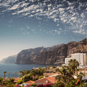 Coastal landscape with mountains in the background, houses and palm trees in the foreground.