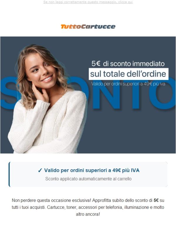 Sconto 5€ su tutti gli ordini da €49+iva di materiale . Solo su tuttocartucce.com