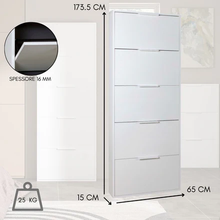 Scarpiera da Ingresso 5 Ante Ribalta in Legno FSC Bianco Opaco 65x15x173 cm