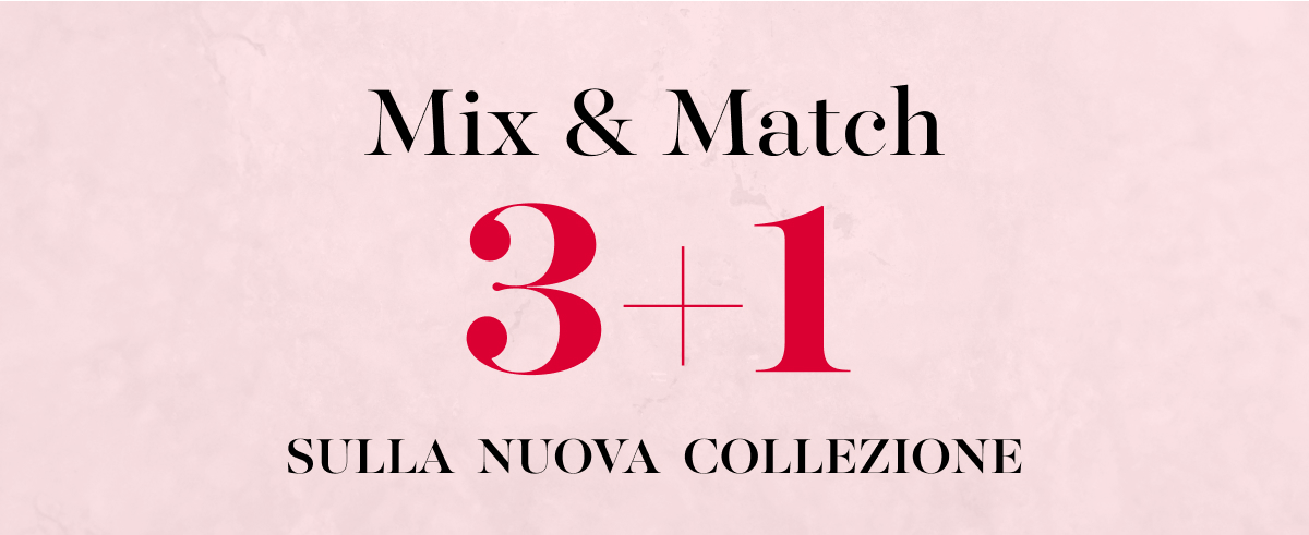 Scritta Mix and Match 3+1 sulla nuova collezione su background rosa effetto marmo