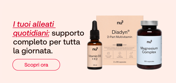 Tre integratori nu3: Vitamin D3 + K2 in gocce, Diadyn 2-Part Multivitamin (scatola) e Magnesium Complex. A sinistra, testo: “I tuoi alleati quotidiani: supporto completo per tutta la giornata”, con “alleati quotidiani” evidenziato in rosso corsivo. Pulsante rosso: “Scopri ora”.