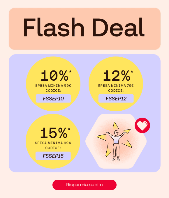 Grafica promozionale con sfondo pesca e viola. Titolo: “Flash Deal”. Tre bollini gialli mostrano codici sconto: • 10% su 59 € con codice FSSEP10 • 12% su 79 € con codice FSSEP12 • 15% su 99 € con codice FSSEP15 A destra un’illustrazione con una figura umana stilizzata all’interno di una stella e un’icona a forma di cuore. In basso, pulsante rosso: “Risparmia subito”.
