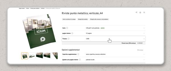 Opuscolo in formato DIN A4 con rilegatura a graffette, titolo “AEDICIUM”, informazioni sulla carta, pagine interne e tiratura.