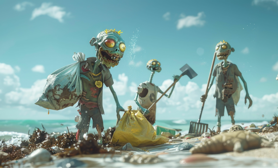alt="Illustrazione 3D di figure di zombie simili a cartoni animati che ripuliscono una spiaggia, usata come metafora delle «cellule zombie» senescenti che si accumulano nel corpo e del ruolo dei senolitici nell'eliminarle.»