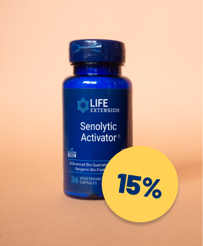 alt="Flacone di integratore Life Extension Senolytic Activator su sfondo color pesca con un'etichetta gialla con uno sconto del 15%»
