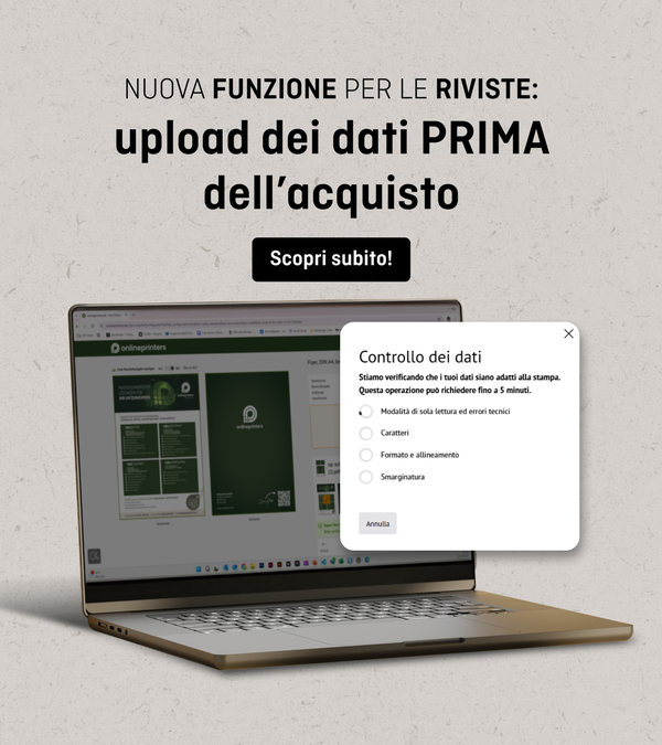 Computer portatile con schermo aperto, sul quale è visualizzata una pagina web dal titolo “Controllo dati” e una lista di controllo. Testo: “Stiamo verificando che i tuoi dati siano idonei alla stampa. L'operazione potrebbe richiedere fino a 5 minuti.”