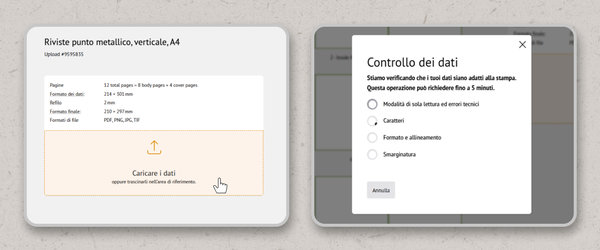 Due finestre: a sinistra le istruzioni per la rilegatura a graffetta di opuscoli in formato DIN A4, con indicazioni relative a pagine, formato e formato file. A destra una finestra di controllo dati con opzioni relative a caratteri, formato e allineamento.
