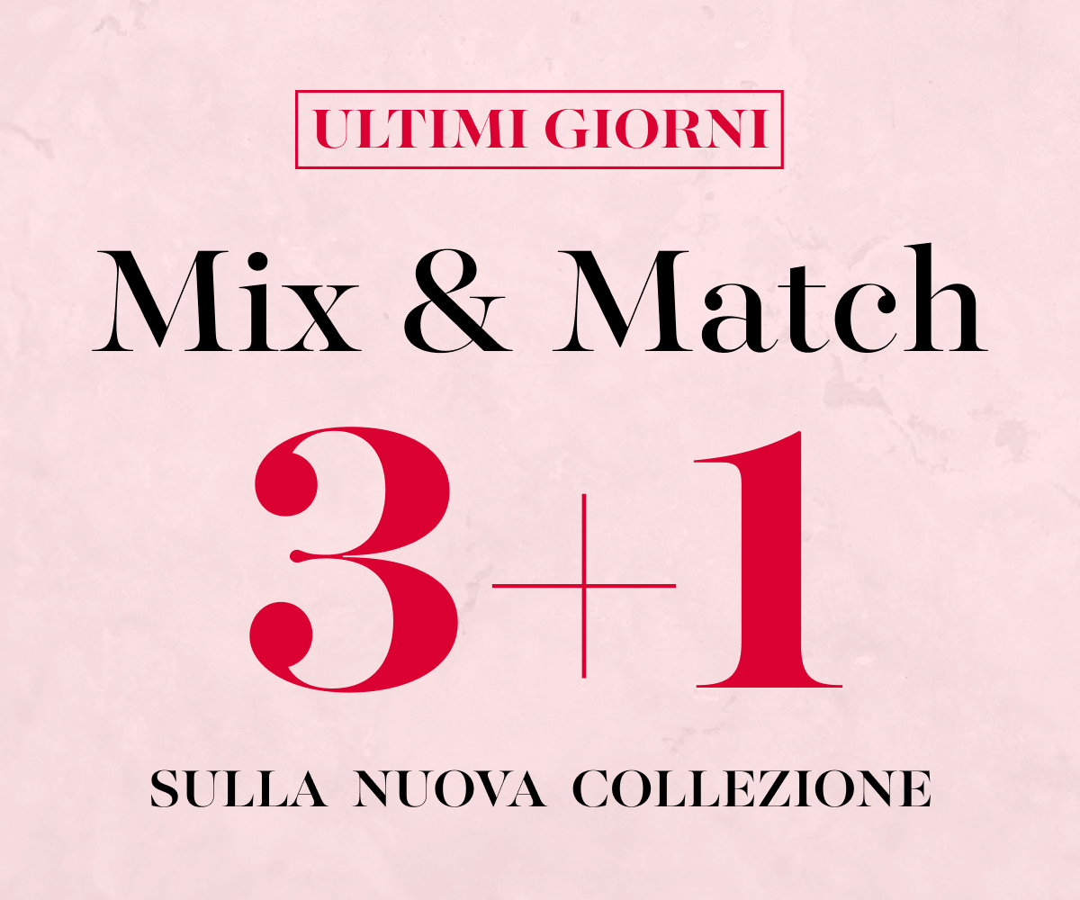 Grafica rosa marmorea con scritta Ultimi giorni Mix and Match 3+1 sulla nuova collezione