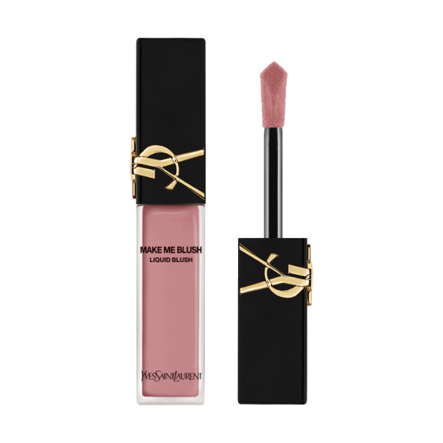 Flacone di blush liquido "Make Me Blush" di Yves Saint Laurent e il suo applicatore. Il flacone trasparente contiene un liquido rosa tenue, e il tappo nero è ornato dal logo YSL dorato. L'applicatore con punta floccata è visibile