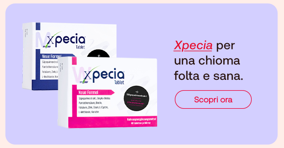 : Confezioni di Xpecia Tablets. Testo: “Xpecia per una chioma folta e sana. Scopri ora”.