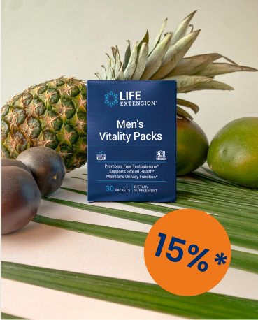 alt="Scatola di integratori Life Extension Men's Vitality Packs composta da ananas e mango freschi, con un'etichetta arancione in grassetto con uno sconto del 15% nell'angolo.»