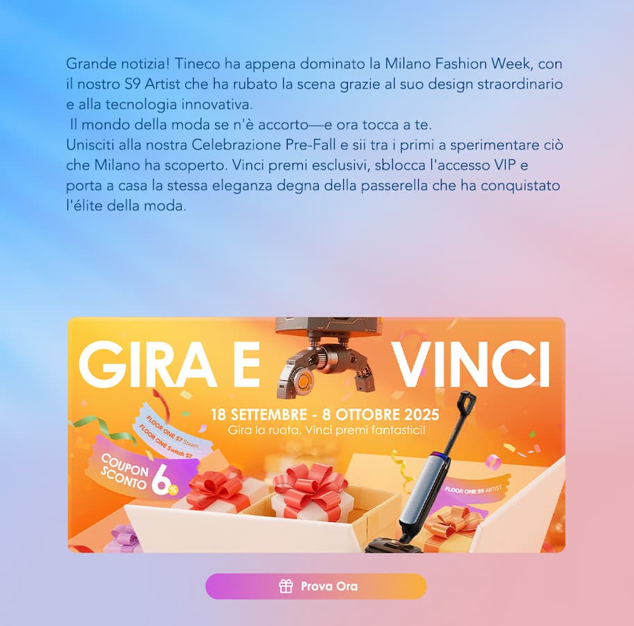 Grande notizia! Tineco ha appena dominato la Milano Fashion Week, con il nostro S9 Artist che ha rubato la scena grazie al suo design straordinario e alla tecnologia innovativa.