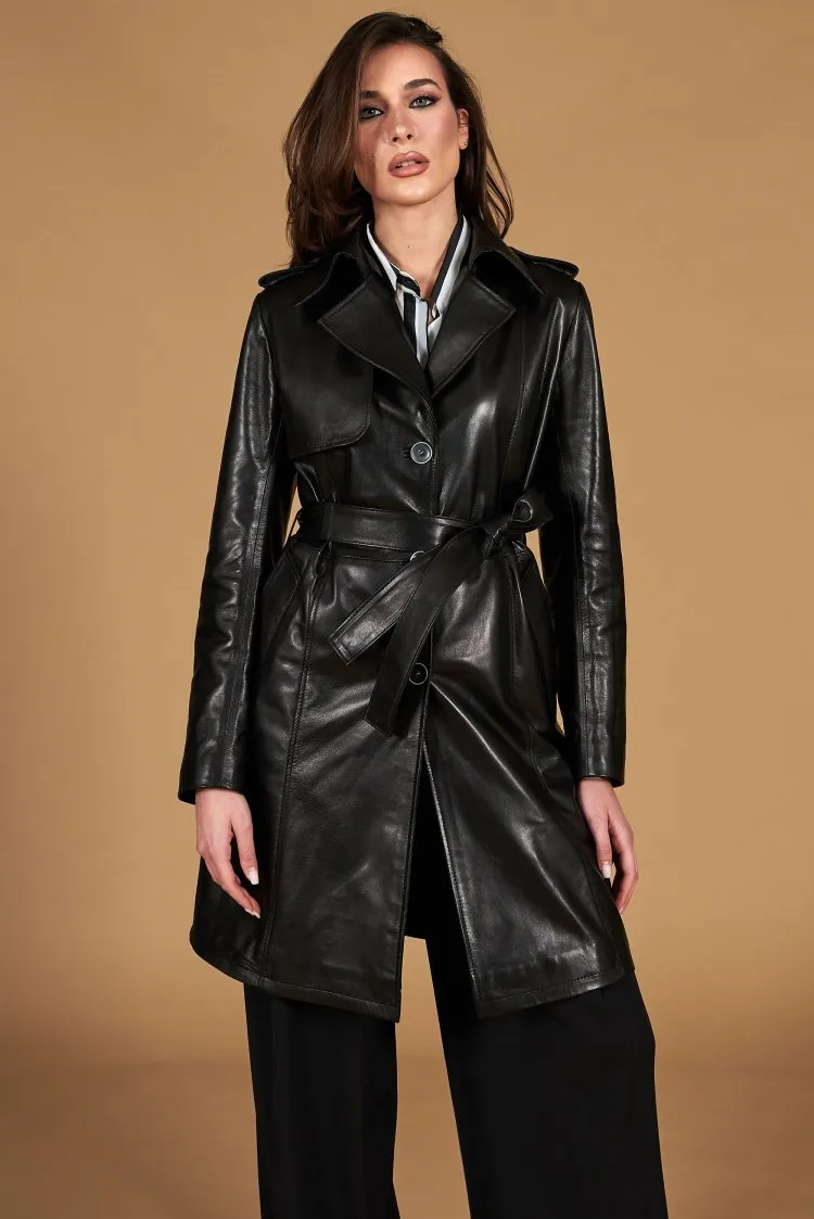 Image of Cappotto in pelle nera con cintura effetto liscio