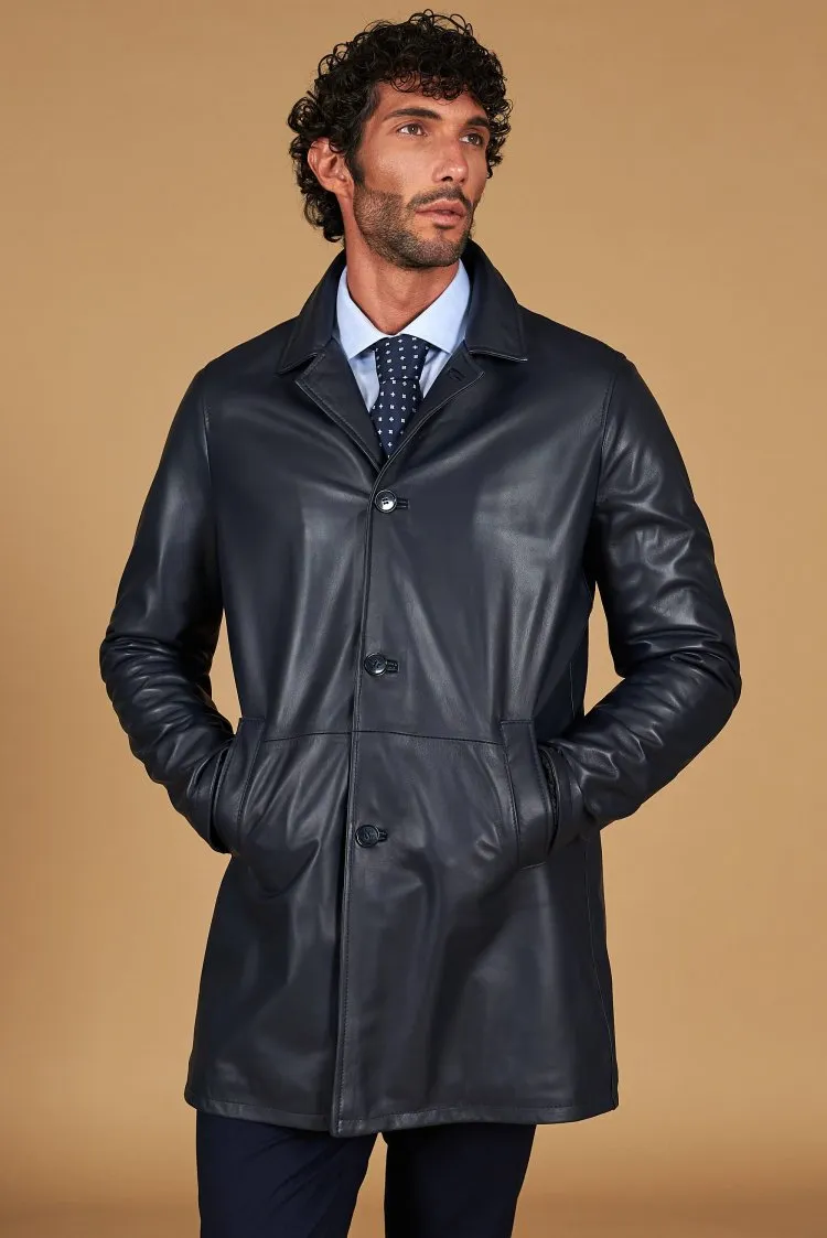 Image of Cappotto in pelle blu effetto liscio collo giacca
