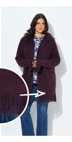 Cardigan aperto con frange, cappuccio e maniche lunghe