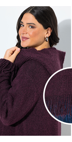 Cardigan aperto con frange, cappuccio e maniche lunghe