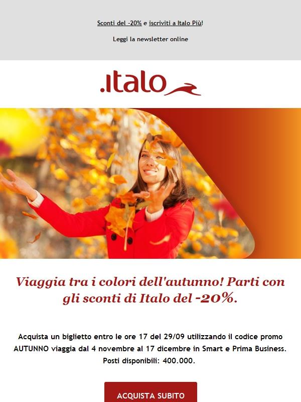 Viaggia tra i colori dell'autunno! Parti con gli sconti di Italo del -20%.