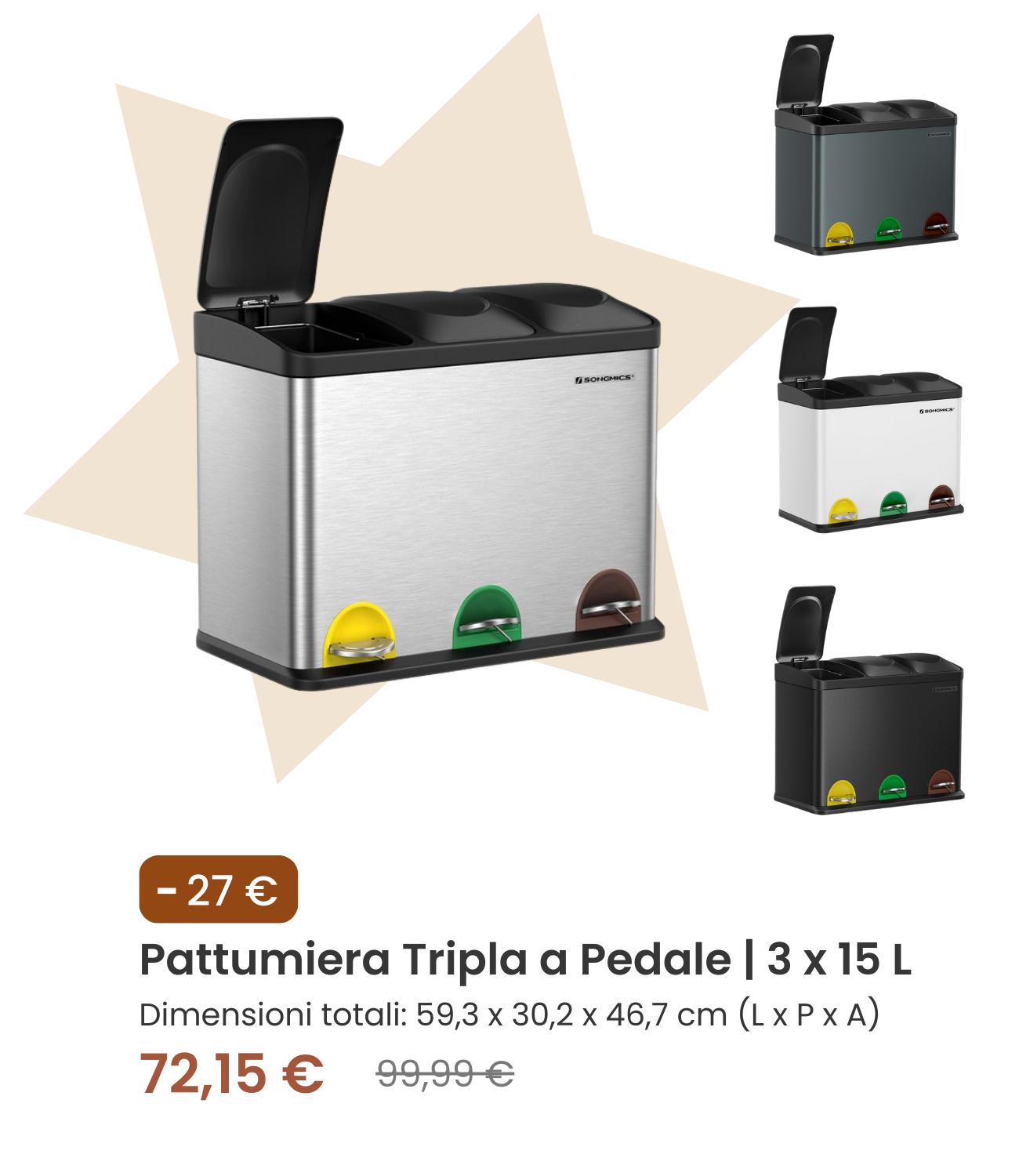 Pattumiera Tripla a Pedale | 3 x 15 L