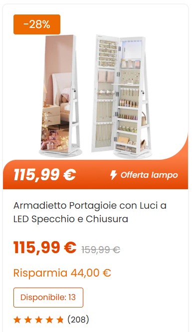 Specchio Portagioie Girevole con Luci LED Ripiani e Chiusura Bianco e Nero