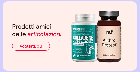Due integratori per le articolazioni: Collagen+Acido Ialuronico (CollagenAid) e Arthro Protect (nu3). Testo: “Prodotti amici delle articolazioni”, con “articolazioni” in rosso corsivo. Pulsante: “Acquista qui”.