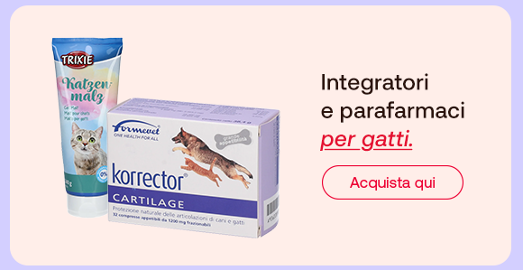 Due prodotti per gatti: Trixie Katzenmalz e Korrector Cartilage. Testo a destra: “Integratori e parafarmaci per gatti”, con “per gatti” in rosso corsivo. Pulsante: “Acquista qui”.