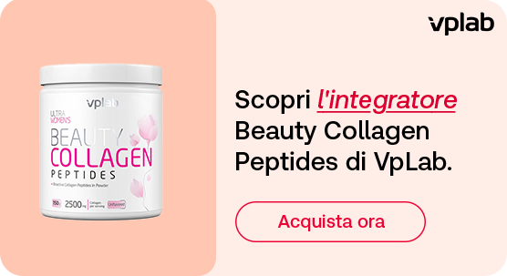 Immagine di un barattolo bianco con dettagli rosa del prodotto VpLab Beauty Collagen Peptides. A destra, il testo: “Scopri l’integratore Beauty Collagen Peptides di VpLab”, con “l’integratore” evidenziato in rosso corsivo. In basso, un pulsante rosso: “Acquista ora”. In alto a destra è presente il logo VpLab.