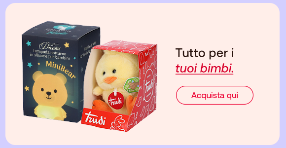 Due peluche Trudi confezionati in scatole regalo. Testo: “Tutto per i tuoi bimbi”, con “tuoi bimbi” in rosso corsivo. Pulsante: “Acquista qui”.