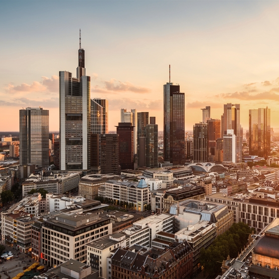Cityscape with modern skyscrapers and office buildings at sunset.