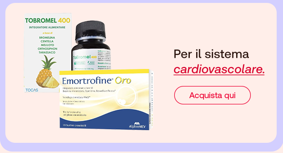Due prodotti per la salute cardiovascolare: Tobromel 400 e Emortrofine Oro. Testo: “Per il sistema cardiovascolare”, con “cardiovascolare” in rosso corsivo. Pulsante: “Acquista qui”.