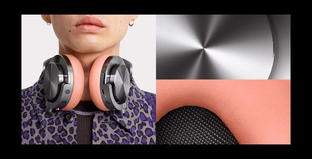 A model wears the Dyson OnTrac headphones