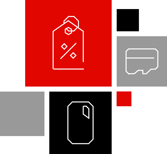 Icone digitali astratte tra cui un quadrato rosso con un cartellino del prezzo bianco, un rettangolo grigio con una scheda di memoria e un rettangolo nero con un SSD portatile.