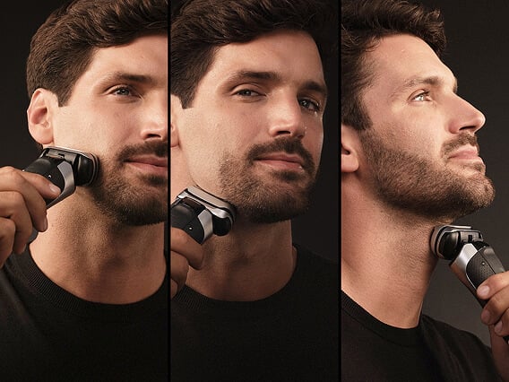 Primo piano della nuova testina del rasoio Braun Series 9 Pro+ con elementi di rasatura progettati individualmente per la massima precisione.