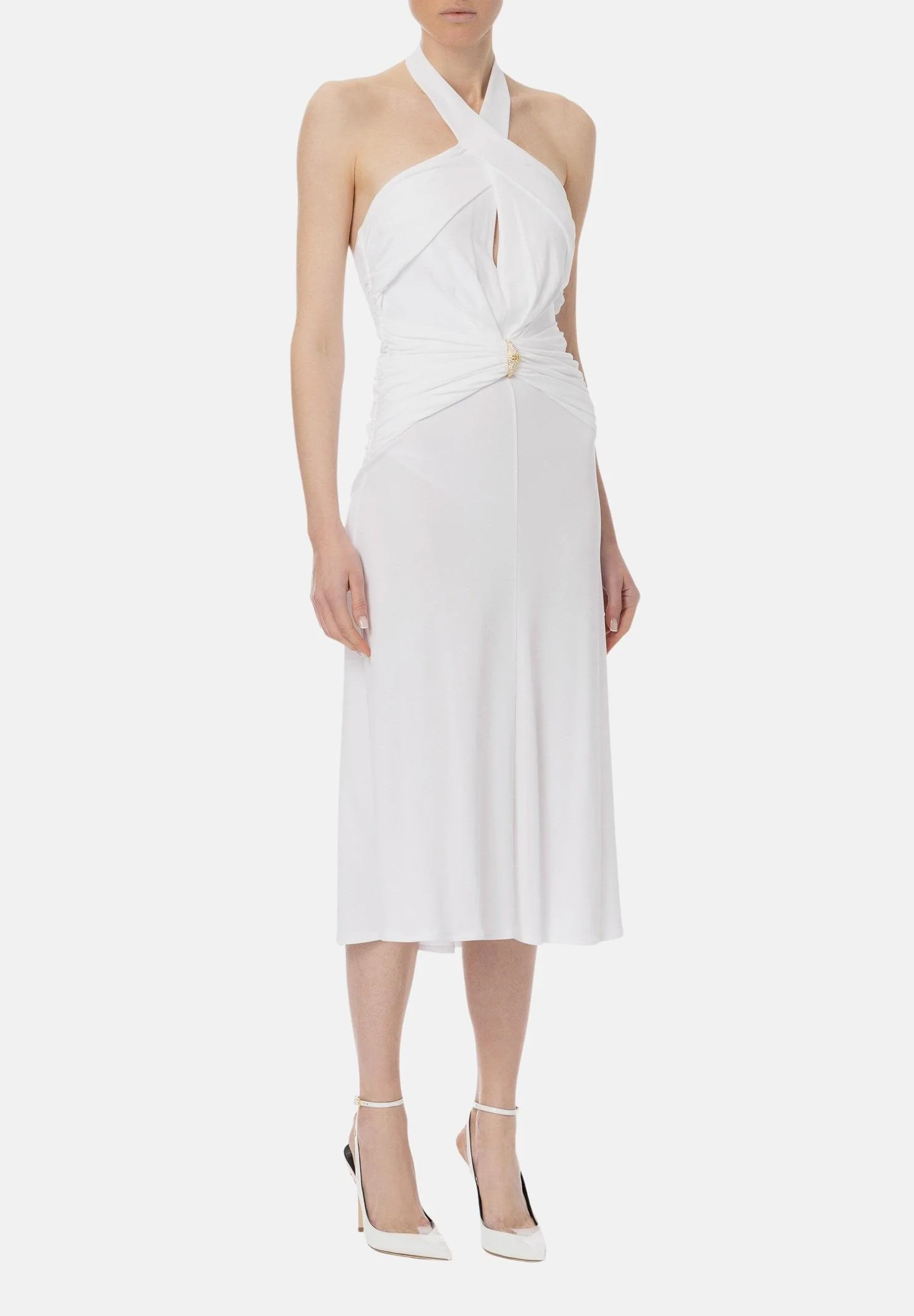 Image of ELISABETTA FRANCHI Abito midi bianco da donna con scollo incrociato