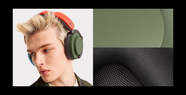 A model wears the Dyson OnTrac headphones