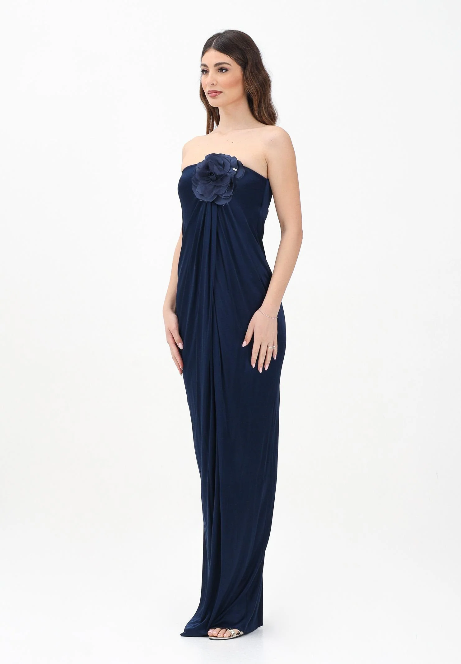 Image of ELISABETTA FRANCHI Abito lungo blu da donna con fiore ricamato
