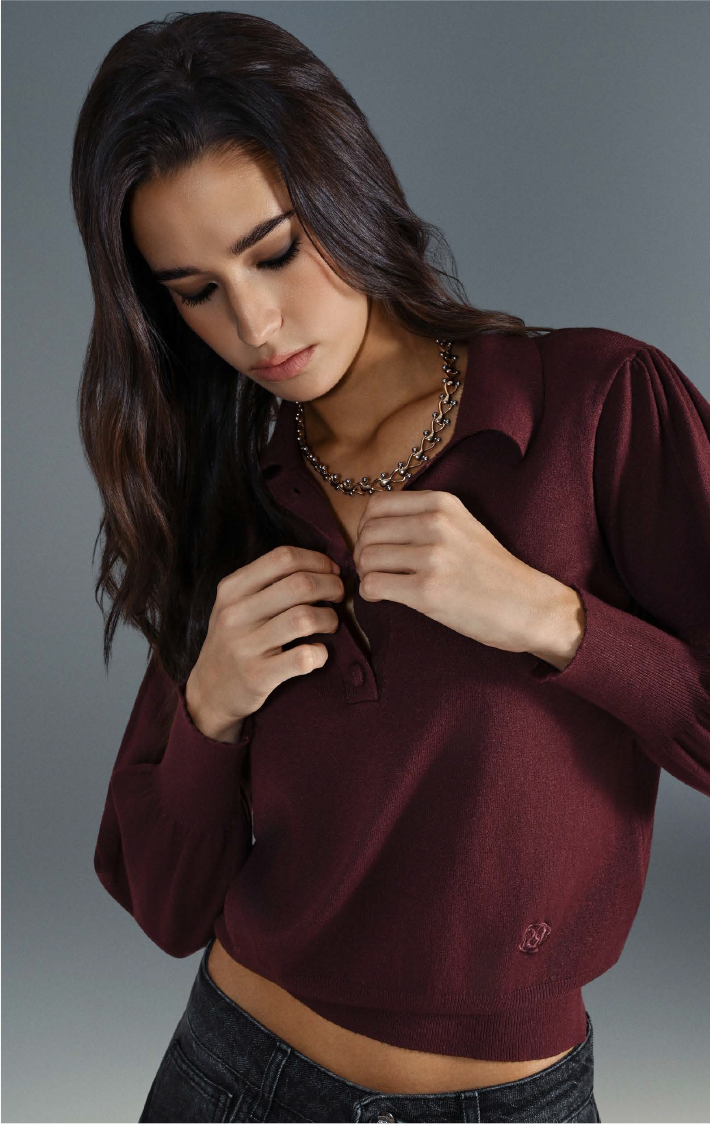Polo Bordeaux in Maglia con Bottoni Ricoperti