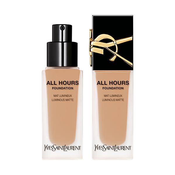 Due flaconi di fondotinta Yves Saint Laurent All Hours, entrambi con finitura opaca luminosa, esposti affiancati con tappi neri.