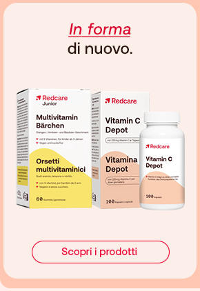 Tre integratori Redcare: Multivitamin Bärchen per bambini, Vitamin C Depot e Vitamina C Depot (formato grande). Sopra, il testo: “In forma di nuovo”, con “In forma” in rosso corsivo. In basso, pulsante rosso: “Scopri i prodotti”.