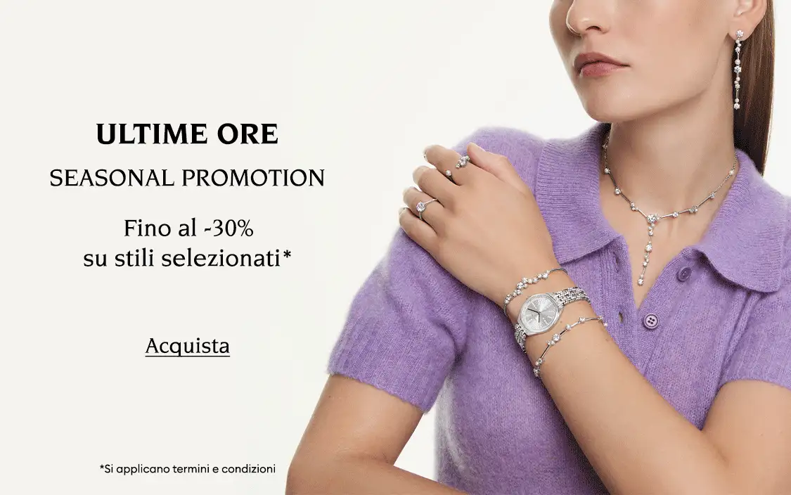 Modelle con i gioielli Swarovski. Il testo recita: “ULTIME ORE. SEASONAL PROMOTION Fino al -30% su stili selezionati*”. Il pulsante cliccabile recita “Acquista”. Il testo dell’ultima immagine recita “Si applicano termini e condizioni”