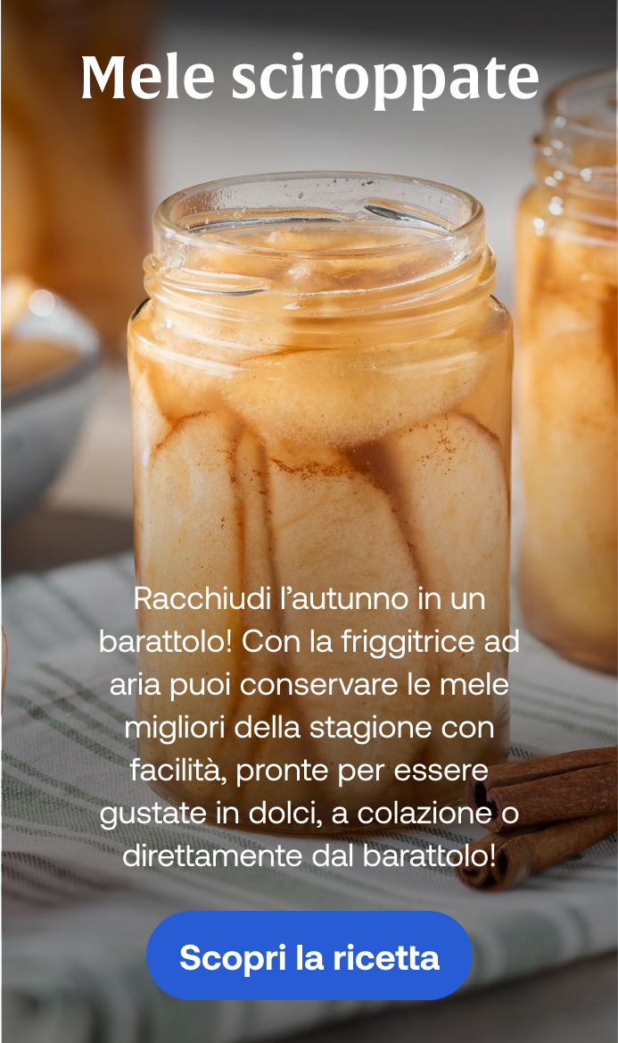 Mele sciroppate Racchiudi l’autunno in un barattolo! Con la friggitrice ad aria puoi conservare le mele migliori della stagione con facilità, pronte per essere gustate in dolci, a colazione o direttamente dal barattolo! Scopri la ricetta