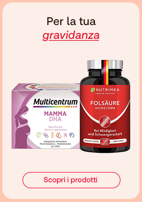 Due integratori per la gravidanza: Multicentrum Mamma DHA e Folsäure di Nutriméa. Sopra il testo “Per la tua gravidanza”, con “gravidanza” in rosso corsivo. In basso, pulsante rosso: “Scopri i prodotti”.