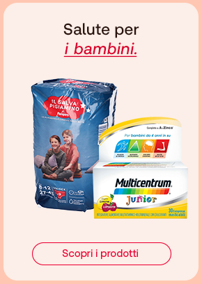 Integratori per bambini: due barattoli di Vitamin Gummies Kids (Yuiecy) e una confezione di Multicentrum Junior. In alto il testo “Salute per i bambini”, con “i bambini” in rosso corsivo. In basso, pulsante rosso: “Scopri i prodotti”.