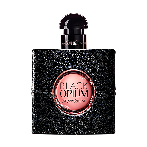 Una bottiglia di profumo Yves Saint Laurent Black Opium, nera scintillante con un'etichetta circolare rosa al centro.