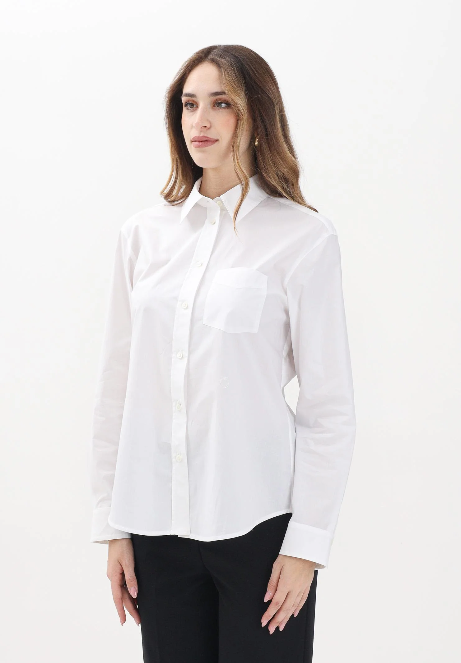 Image of PINKO Camicia a manica lunga bianca da donna con ricamo logo