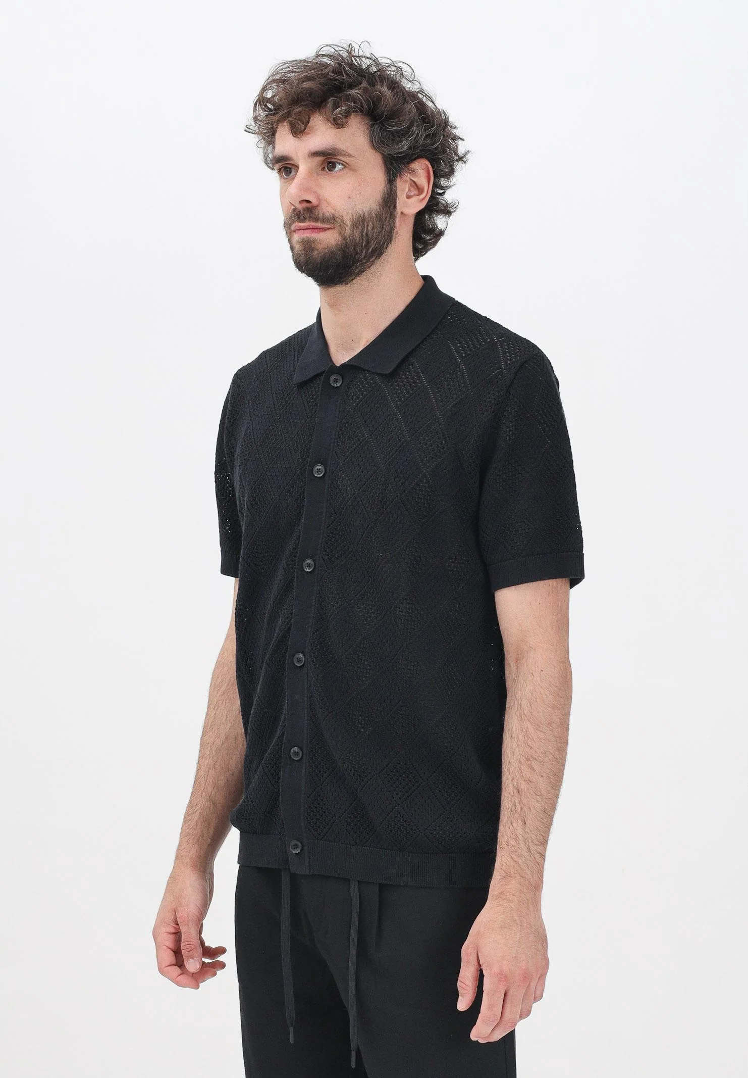 Image of SELECTED HOMME Camicia in maglia nera da uomo con motivo a rombi