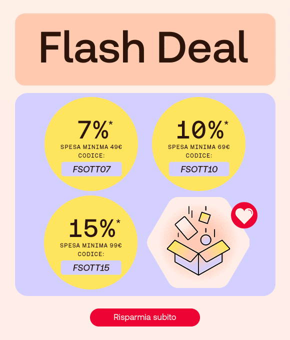 Grafica promozionale con sfondo pesca e viola. Titolo: “Flash Deal”. Tre bollini gialli mostrano codici sconto: • 7% su 49 € con codice FSOTT07 • 10% su 69 € con codice FSOTT10 • 15% su 99 € con codice FSOTT15 A destra un’illustrazione con una figura umana stilizzata all’interno di una stella e un’icona a forma di cuore. In basso, pulsante rosso: “Risparmia subito”.