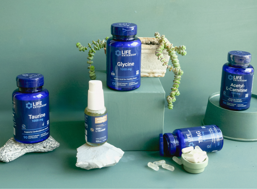 alt="Arrangiamento degli integratori Life Extension tra cui taurina, glicina, acetil-L-carnitina, TMG e un flacone a pompa Quicksilver Scientific su sfondo verde con piante e pietre.»