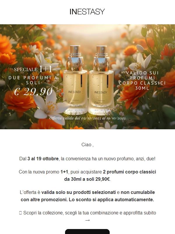 🌼 Promo 1+1 Inestasy: 2 profumi a soli 29,90€!