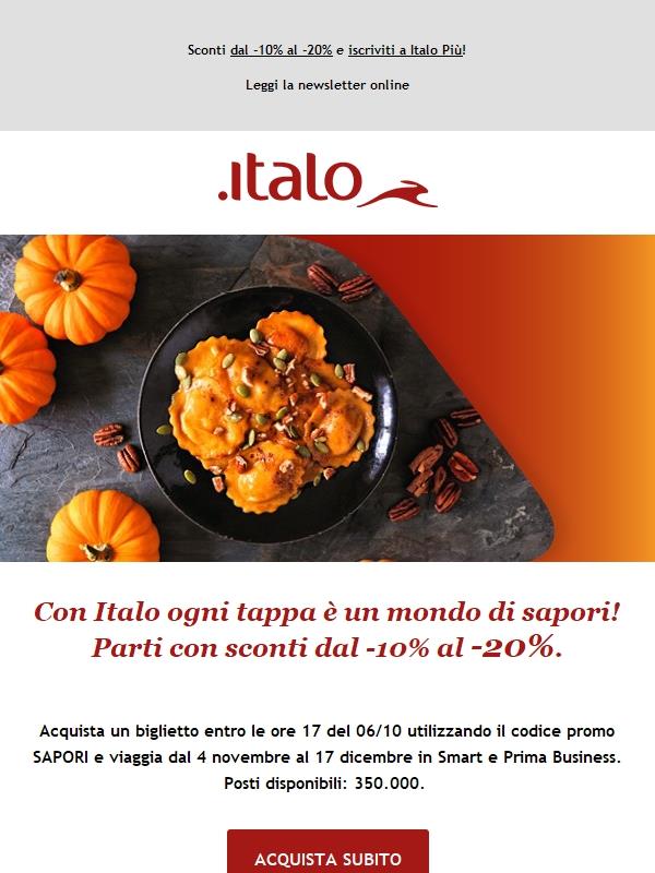 Con Italo ogni tappa è un mondo di sapori! Parti con sconti dal -10% al -20%.